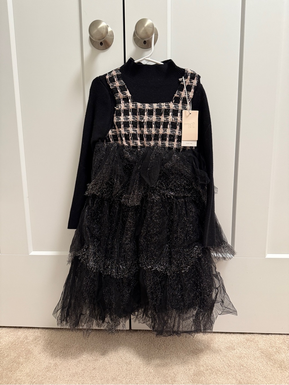 Black Layered Tulle Kids Costume Dress with Tweed Bodice